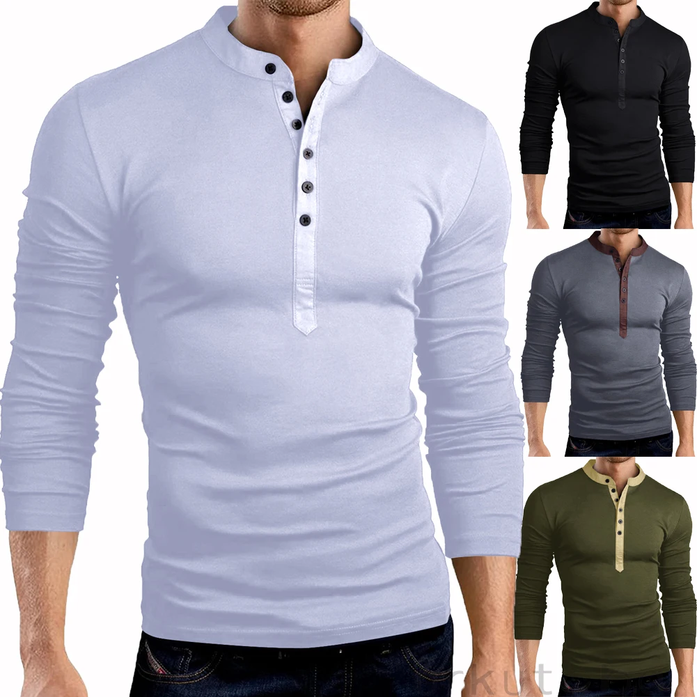 Тонкая Блузка; сезон осень мужские Slim Fit с v-вырезом и длинным рукавом, облегающая футболка Повседневное топы футболки на пуговицах сплошного цвета