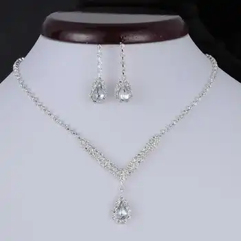 

Rhinestone Waterdrop Wedding Jewelry Set Crystal Drop Earring Pendant Necklace Bridal Bridesmaid Jewelry Sets 3 PCS