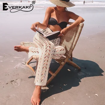 

Everkaki Pants Women Knitted Hollow Out Bottoms Sashes Summer Beach Solid Ladies Long Knit Pants Vintage Female 2020 Spring New