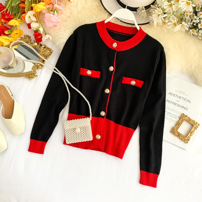 

Color matching Cardigan Women 2019 Autumn New Long Sleeve Basic Knitwear All-match Sweater Pearl Buttons Slim Knitted Tops