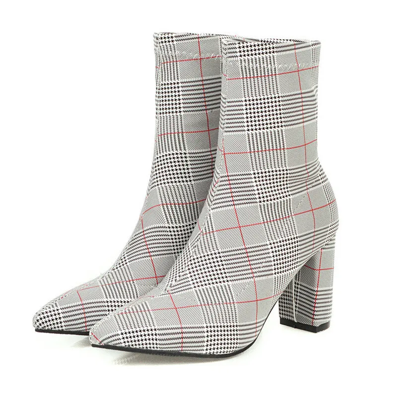 

2019 Women Fetish Stretch Boots Plus Size 12 Block 8.5cm High Heels Ankle Boots Chunky Leopard Stripper Purple Stripe Shoes