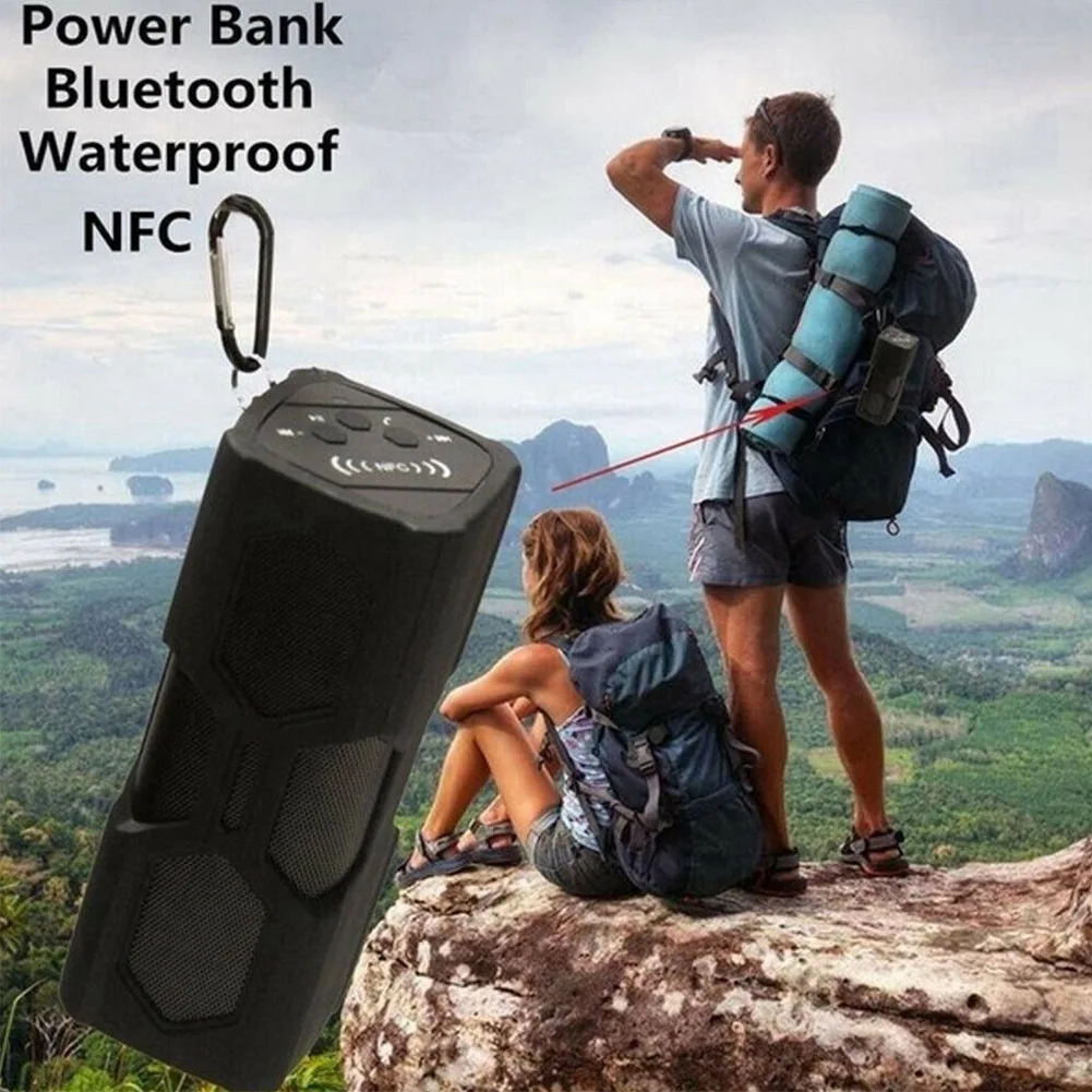 Крытый NFC перезаряжаемый портативный водонепроницаемый объемный эффект aux bluetooth динамик power Bank Hands-free вызов Беспроводной пылезащитный