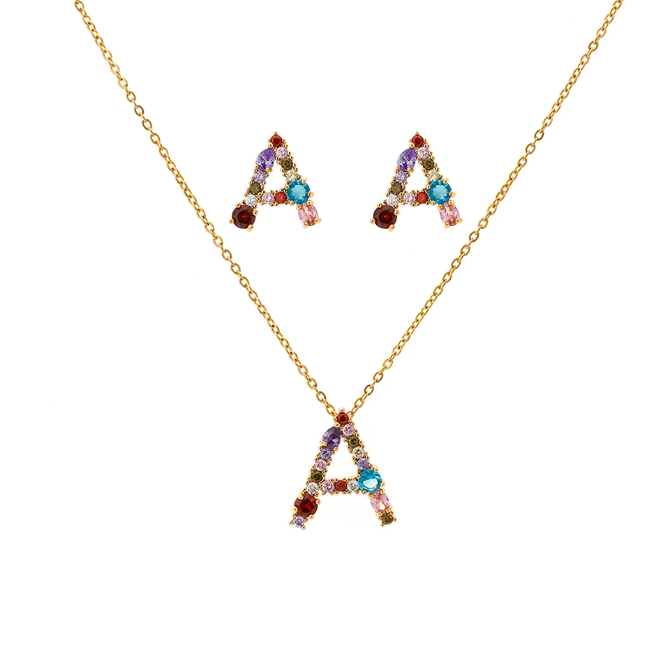Mchic модный набор в цветах радуги буквы R серьги подвеска ожерелье ювелирные изделия для женщин роскошный горный хрусталь Рождественский подарок аксессуары - Окраска металла: Godl