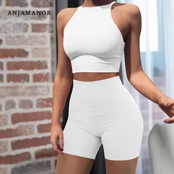 

ANJAMANOR Sexy Crop Top Biker Shorts Two Piece Set Women Clothing 2020 Summer Outfits Tracksuit Casual Matching Sets D53-AB11
