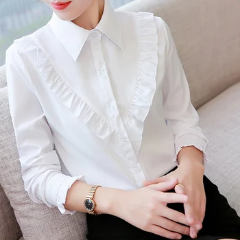 

Women Long Sleeve Ruffles White shirt blouse ladies Casual Plain OL Blouse work Shirt chemise Top blusas femininas elegante
