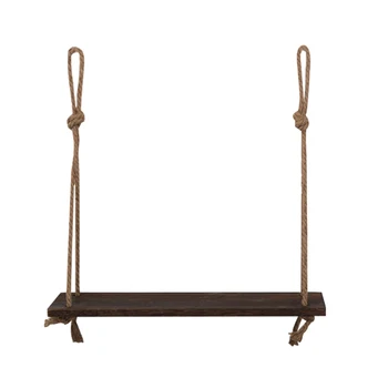 

Promotion! Rope Hanging Floating Shelves, Rustic Wood Wall Decor Swing Shelf with 4 Hooks, Pack of 2
