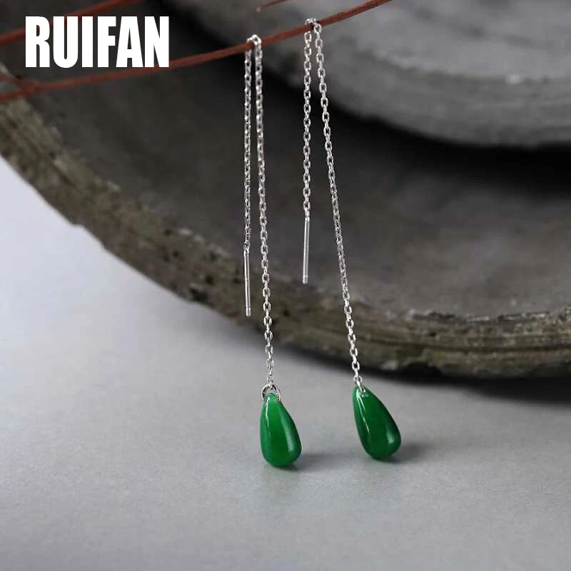 

Ruifan Teardrop Green Natural Jade Dangle Long Earrings for Women 925 Sterling Silver Line Threader Earring Jewelry YEA106