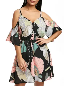 

Floral Print Female Casual Dress Summer Cold Shoulder V-Neck Dress Women High Waist A-Line Button Mini Dresses Vestidos