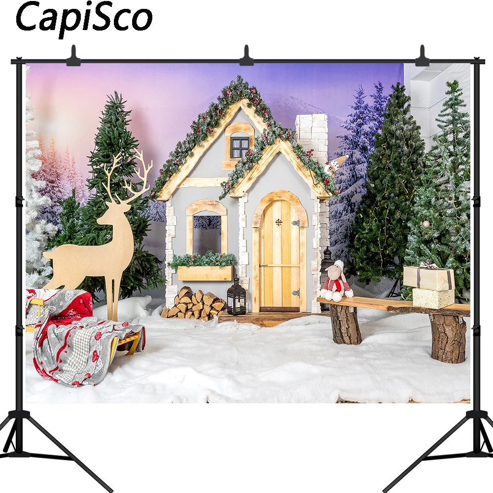 

Capisco Christmas wood House Photography Backdrop Winter Snow tree elk Decoration Holiday Background Photo Booth Photoshoot Prop