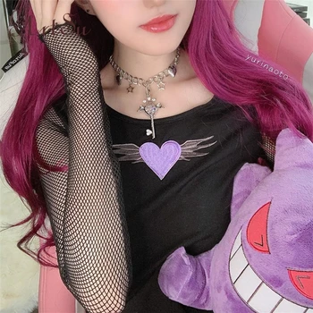 

Artsu Cute Heart Embroidery T-shirt Crop Top Women Cropped Heart Shape Tops Summer Mesh Sleeve Tee Shirt Femme ASTS70125