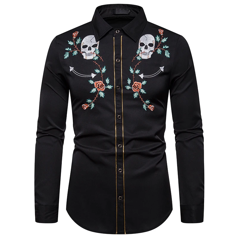 Style-2 Black Рубашка с вышивкой розы, мужская Тонкая рубашка, мужские рубашки, красивые мужские повседневные рубашки с длинными рукавами, брендовые осенние Гавайские рубашки - Цвет: Style-2 Black