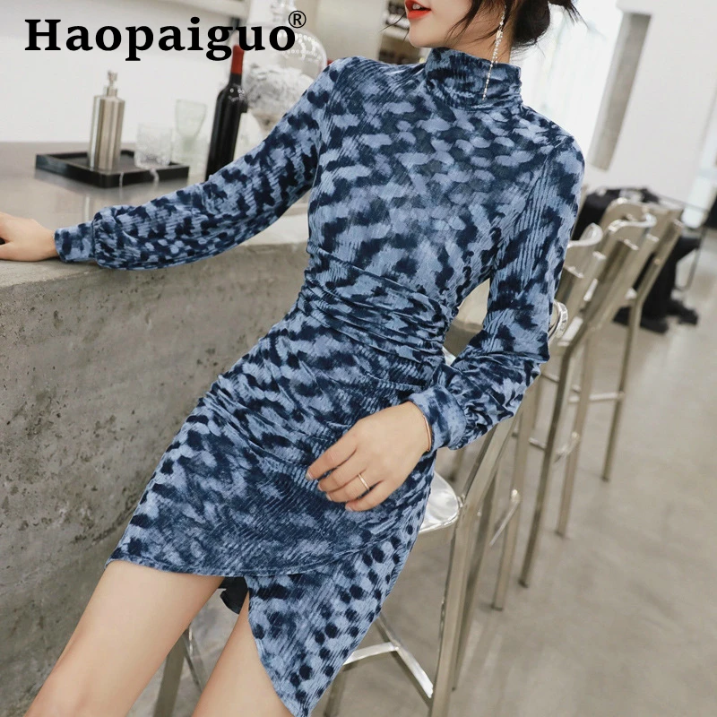 2019 Autumn Winter Blue Velvet Dress Women Long Sleeve Print Camouflage Package Hip Sheath Bodycon Wrap Mini Dresses | Женская одежда
