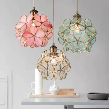 

Modern Glass Pendant Lights Flower shape Brass Copper Pendant Sconce Lamp Creative E27 hanging lights For kitchen bedside light