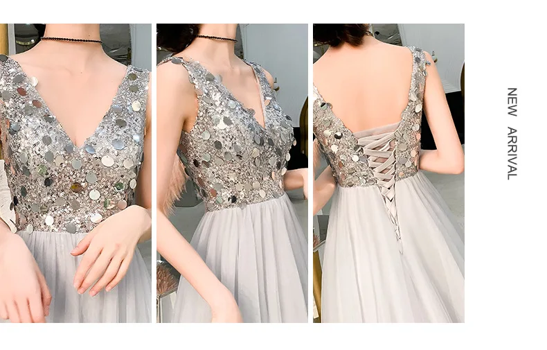 Robe De Soiree сексуальное платье с v-образным воротом, платье трапециевидной формы без рукавов, с блестками вечерние платья Длинные Новое поступление Свадебные Вечерние платья ES3001