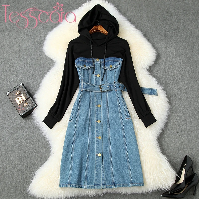 Женское джинсовое платье с капюшоном TESSCARA повседневное дизайнерское винтажное