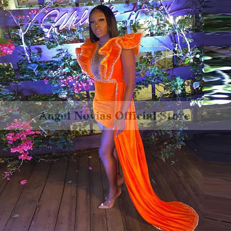 ANGEL NOVIAS Sexy Orange Velvet Prom Dresses for Black Girls Crystals Cocktail Party Graduation Dress silver prom dresses