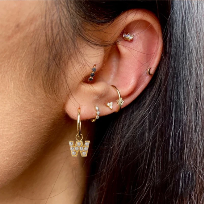 

GS 925 Sterling Silver Cute Initial Name 26 Letters Puncture Piercing Hoop Earrings For Women Pearl Alphabet Earring Jewelry