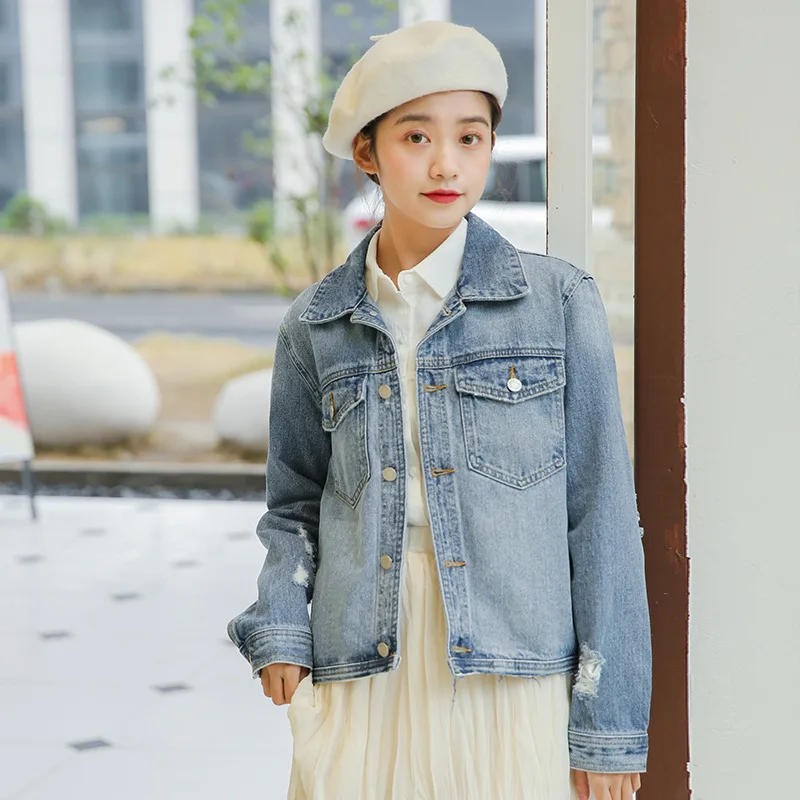 

6873 2019 with Holes Cowboy Short Jacket Women's Short Long Sleeve Slim Fit Denim Top Cowboy Jacket