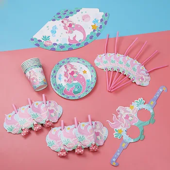 

36Pcs=6Set Mermaid Party Disposable Tableware Paper Plates Cups Hats Toys Birthday Party Decorations Kids Mermaid Party Supplies