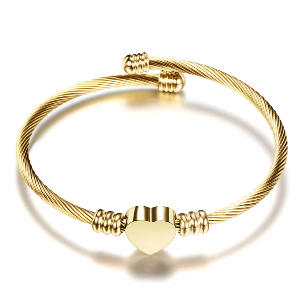 Gold Color Новые модные Гладкие бусины в форме сердца браслет из нержавеющей стали для женщин Регулируемый закрученный провод браслет брендовый браслет - Окраска металла: Gold Color