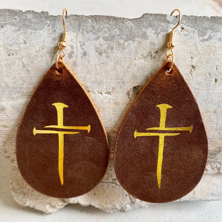 

2021 New Western Cowboy Vintage Teardrop Gold Foil Sunflower Cross Genuine Leather Earrings Women Jewelry Gift Free Shipping