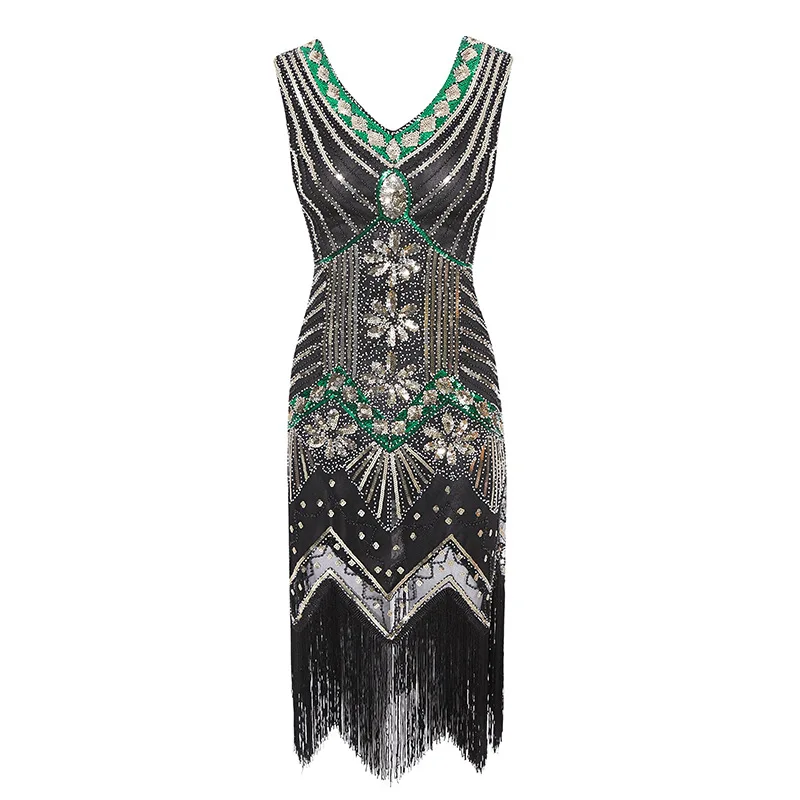 Günstige Pailletten Perlen Diamanten Vintage Kleid Tiefe V ausschnitt Große Gatsby Kleid 1920s Flapper Kleid Prom Quaste Saum Kleid Club Mini kleid