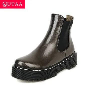 

QUTAA 2021 Platform Sewing Slip on Ankle Boots Fashion Square High Heel Short Boots PU Leather Round Toe Women Shoes Size 34-41