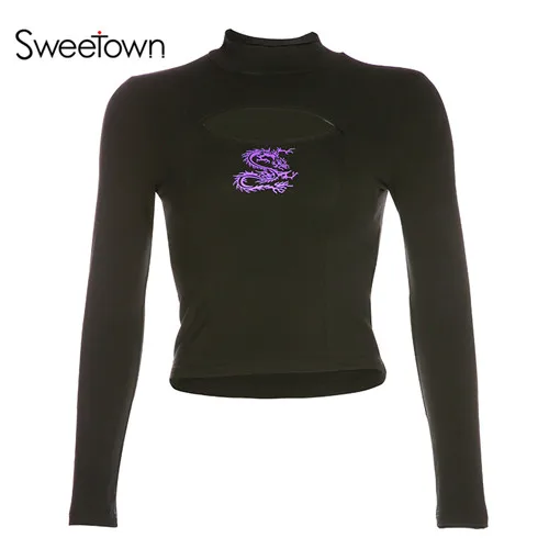 Sweetown/черный укороченный топ с длинными рукавами, футболка, осенняя водолазка с принтом дракона, зимние топы для женщин, базовая футболка - Цвет: black