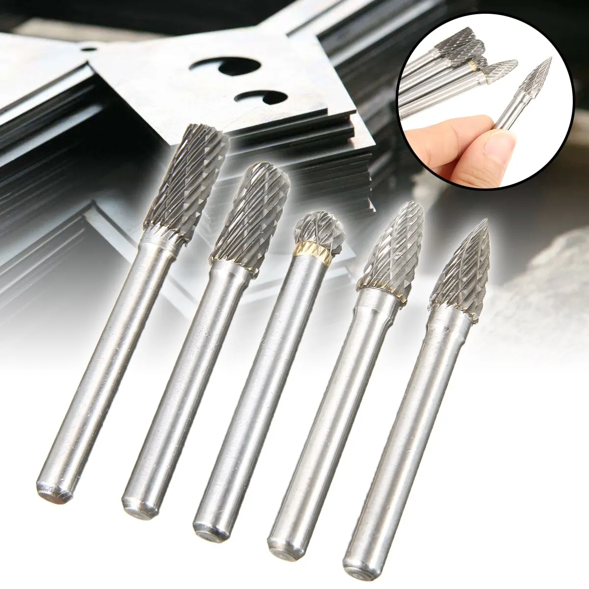 5pcs/set 8mm Tungsten Carbide Grinding Head Rotary Point Burrs 6mm Shank Bits Rotary File Cutter Tools for Finishing Metal Mold