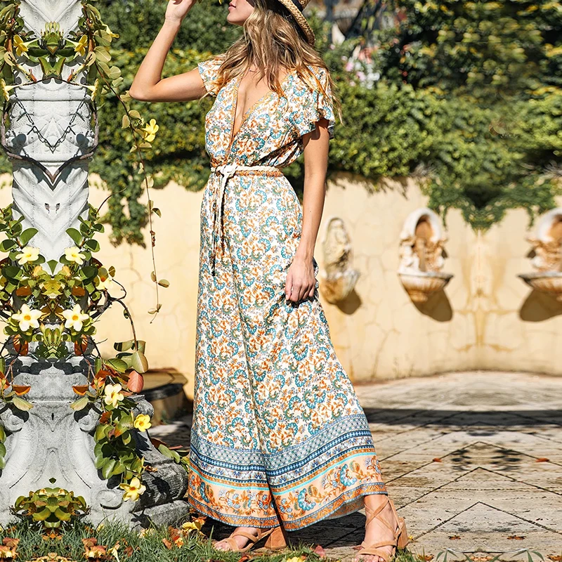 Комбинезоны Everkaki Boho с цветочным принтом, женские осенние комбинезоны с регулируемым поясом, v-образным вырезом и пуговицами, женские комбинезоны