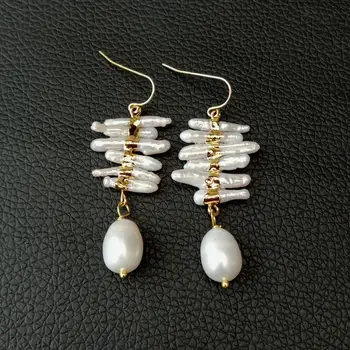 

natural culture freshwater White Biwa Pearl Rice Pearl Gold color Plated Hook Earrings Fashion Costume Indian Jewelry