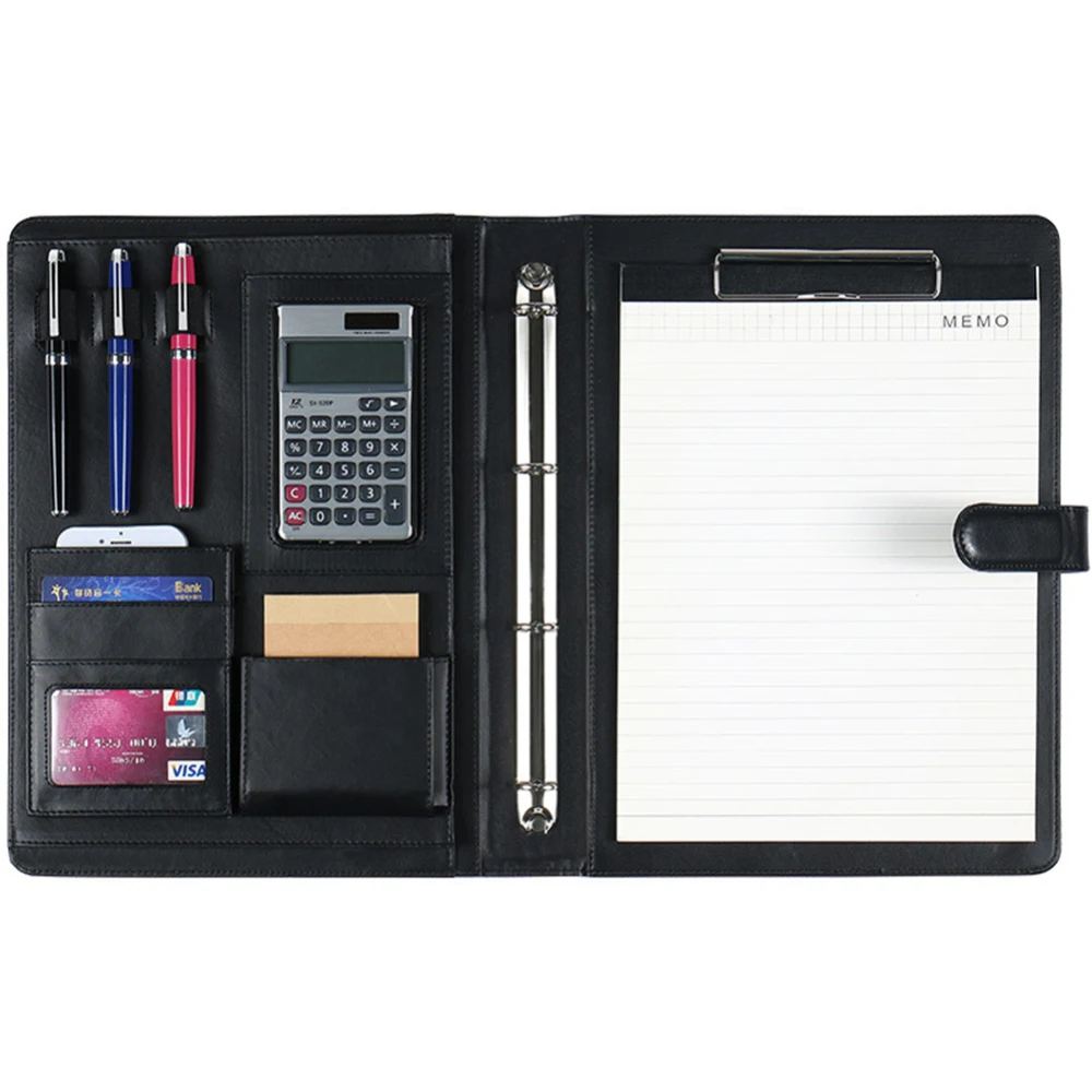 

1pc PU Leather Notepad A4 File Organizer Portfolio Folder Document Bags Multi-function Card Holder Pen File Clip Calculator Memo
