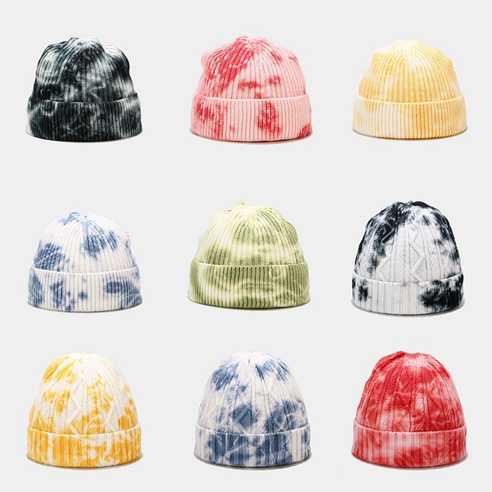 Unisex Male Beanie Short Hat Female Winter Print Tie Dye Beanies