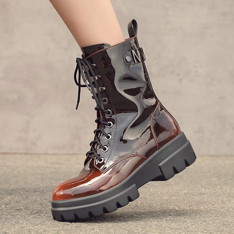 

2019 Boots Women Genuine Leather Shoes For Winter Boots Shoes Woman Casual Spring Patent leather Botas Mujer Female Ankle Boots