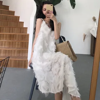 

Women Summer Spaghetti Strap Feather Solid Long Dress Bow Tie Loose Pullover Chiffon Vestidos Irregular Length Vintage Dresses