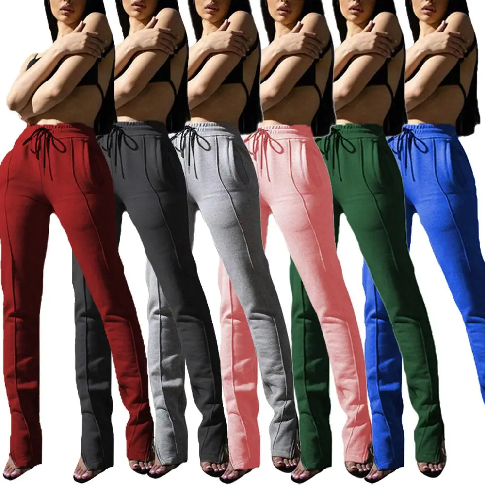 

Solid Color Brushed Zipper Slit Stacked Sweatpants Jogger Women Winter Clothes Drawstring Pants Casual Sports Trousers