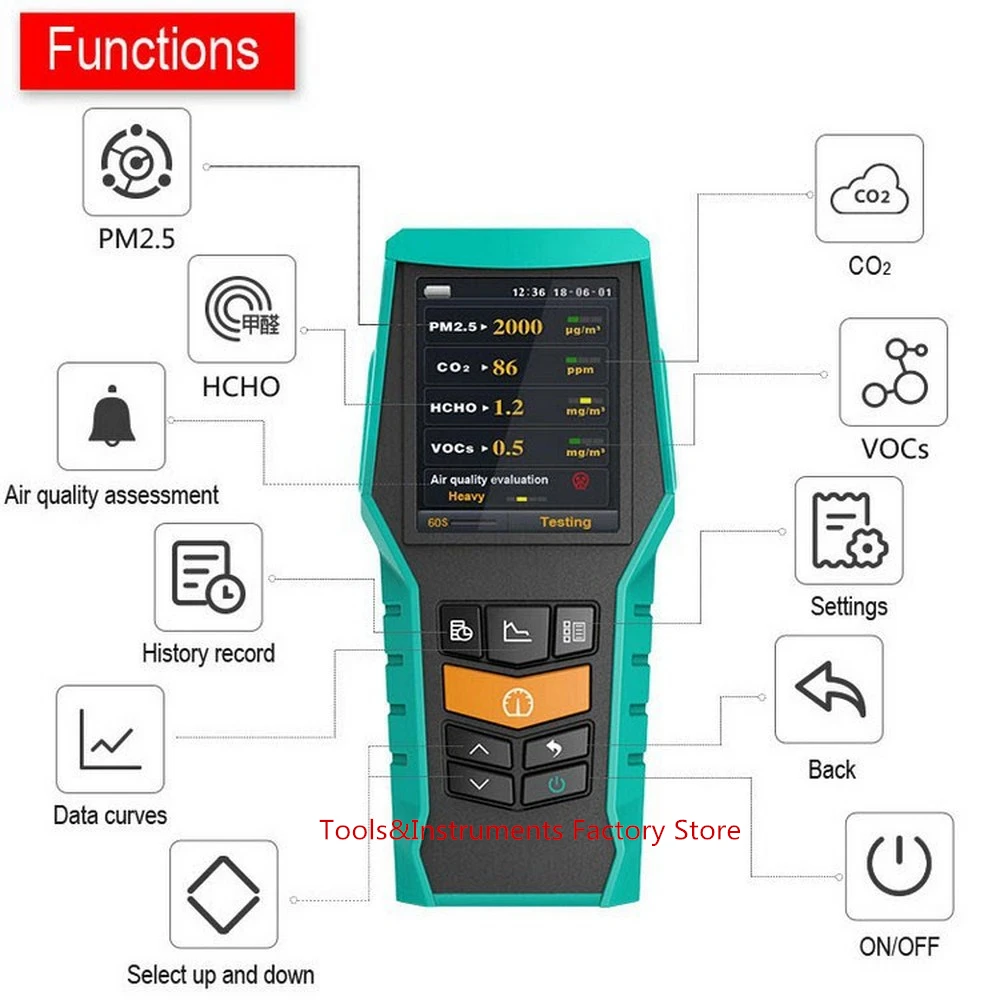 HCHO PM1.0 PM2.5 PM10 CO2 формальдегид газовый монитор VOCs Время Дата данные Экспорт История детектор газа внешняя TF Функция хранения