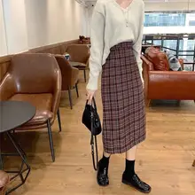 Женские шерстяные зимние юбки, элегантная утолщенная шерстяная клетчатая юбка, имперский высокая талия, женская Юбка-миди