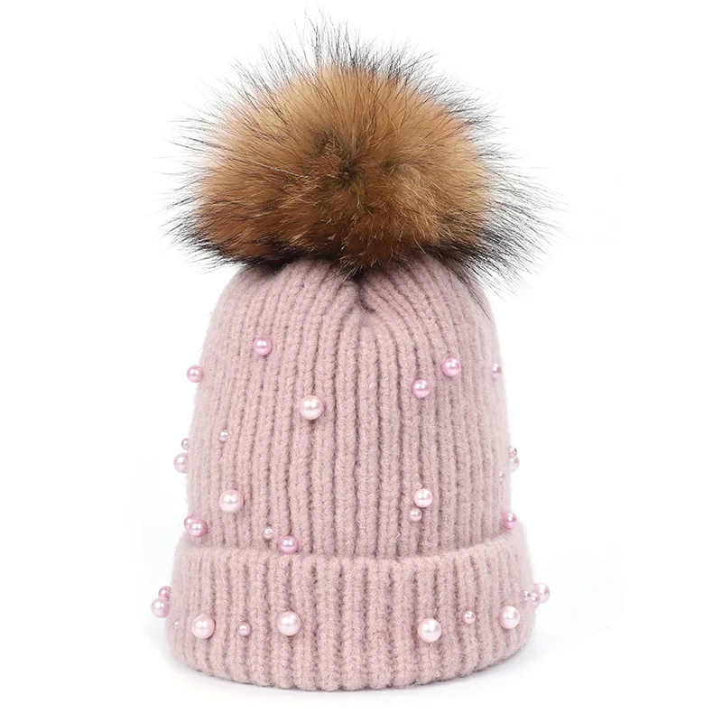 Дамская жемчужина зимняя вязаная шапка с помпонами из натурального меха модная женская уличная теплая хлопковая шапка с помпонами из енота - Цвет: Pink-1