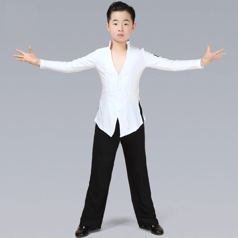 Tops and pants Топ для латинских танцев, для мальчиков, Сексуальная рубашка с v-образным вырезом, черные широкие штаны, детские костюмы для латинских танцев, костюмы для детей, румба-ча - Цвет: Tops and pants
