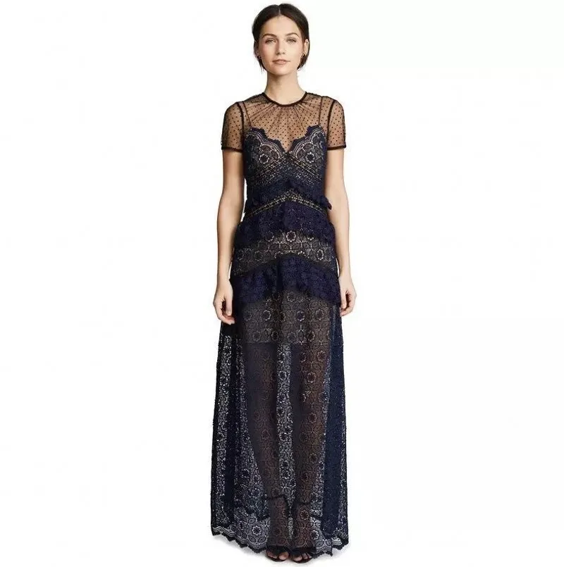 

2019 New Arrival High-end Self Portrait Dress Lace Patchwork Long Dress Women's short sleeve Runway Chic Dress