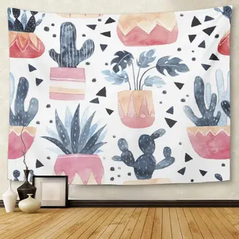 

Green Abstract Watercolor with Cacti Succulents and Monstera Plant Cute in Pots Pink Arizona Watercolour Tapestry Wall Hanging