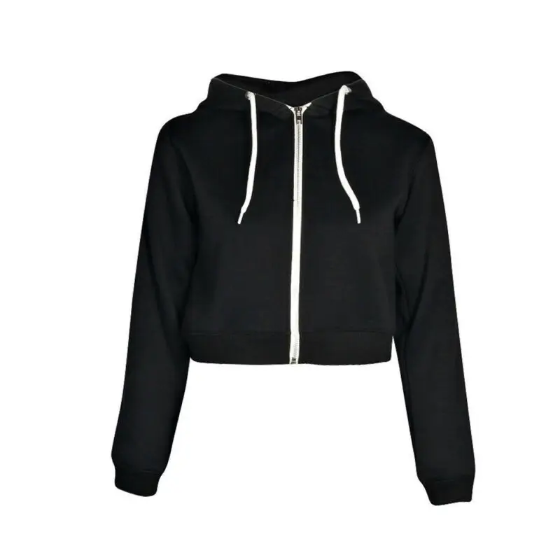Women Plain Hoodies Crop Top Sweatshirt Hooded Coat Casual Zip up