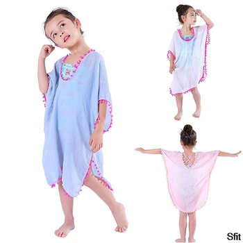

cover-up New Arrival Fashion Girls' Cover-ups Swimsuit Wraps Beach Dress Top With Pompom Tassel Patchwork Children Beach Dress
