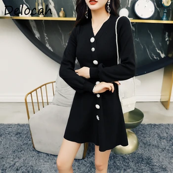 

Delocah Women Autumn Fashion Designer Short Dress Beading Button Sexy V-Neck Solid Printed Bodycon Fit Ladies A-Line Dresses