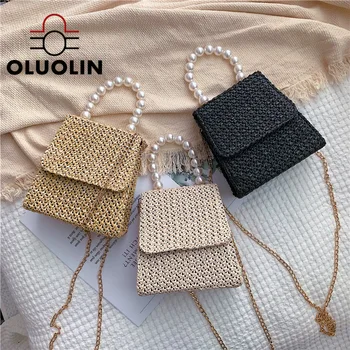 

Pearl Portable Small Handbag Women Square Straw Bags Chain Leisure Messenger Bag Hand-Woven Cover Pouch Crossbody Bags Wholesale