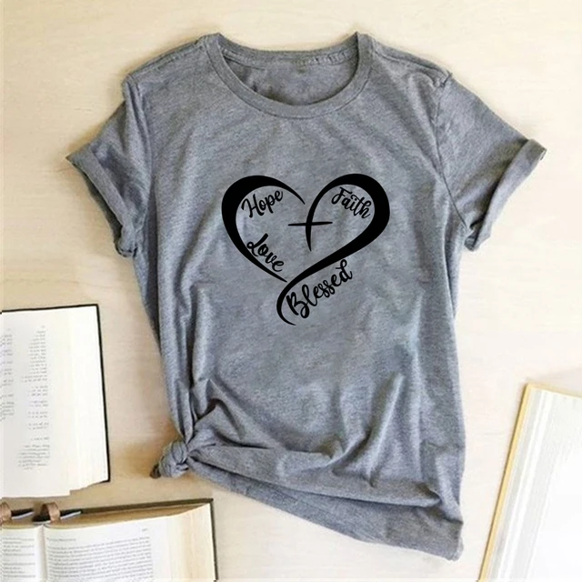 Heart Hope Faith Love Blessed Printing T-shirts Women Clothes Summer Graphic Tee Aesthetic Shirts for Women Loose Camiseta Mujer 4