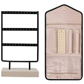 

1 Pcs Travel Jewelry Organizer Roll Foldable Jewelry Case & 1 Pcs 3 Tier 36 Holes Wooden Earrings Display Holder Stand