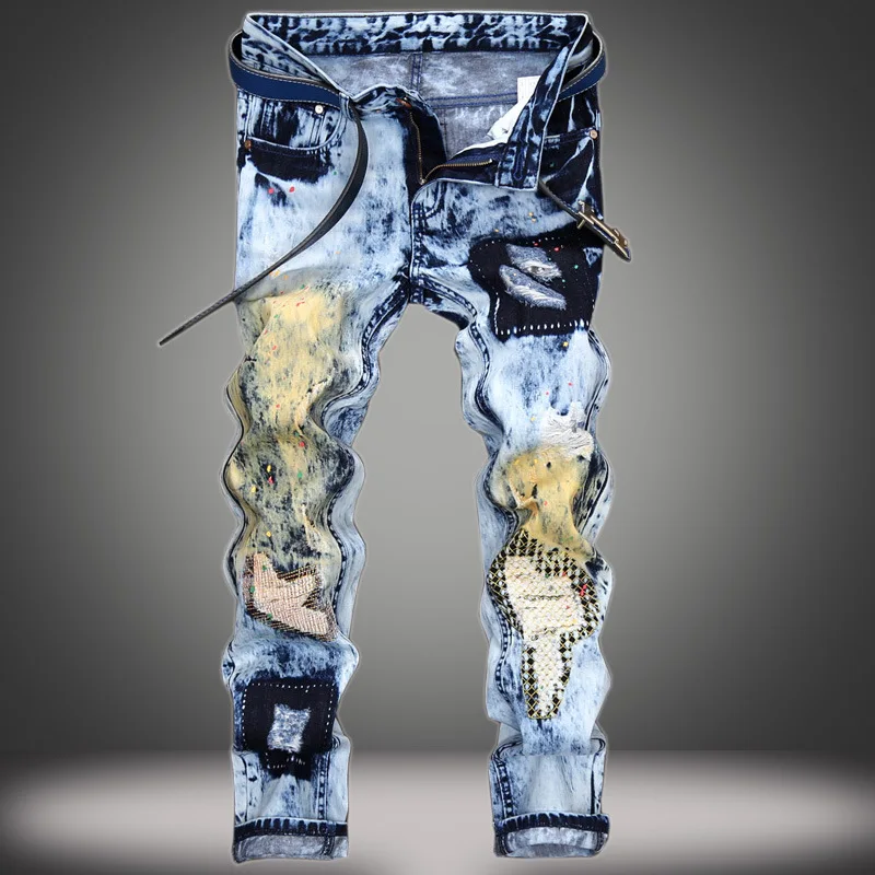 

Men's Jeans Splashed Ink Holes Straight Tube Trim Personality Patch Vintage Denim Long Pants Motorcycle Zipper Wrinkle Trousers