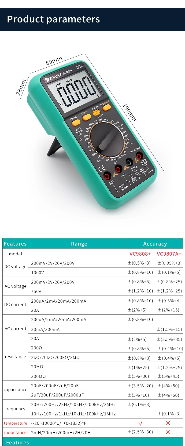 VC9808 / 9807A Цифровой мультиметр AC / DC750 / 1000В Вольтметр Амперметр Ом Тестер с подсветкой Большой экран Электрик True RMS meter